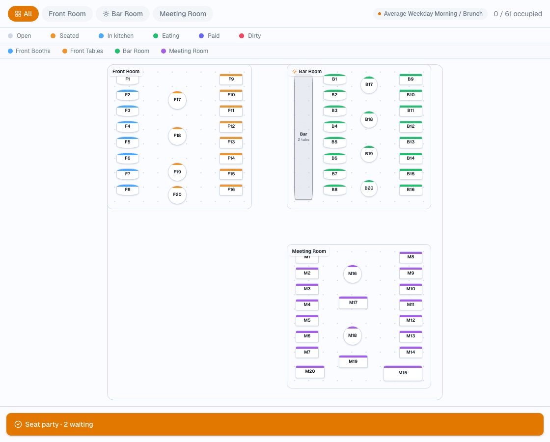Ampia host stand with a live color-coded floor plan and waitlist